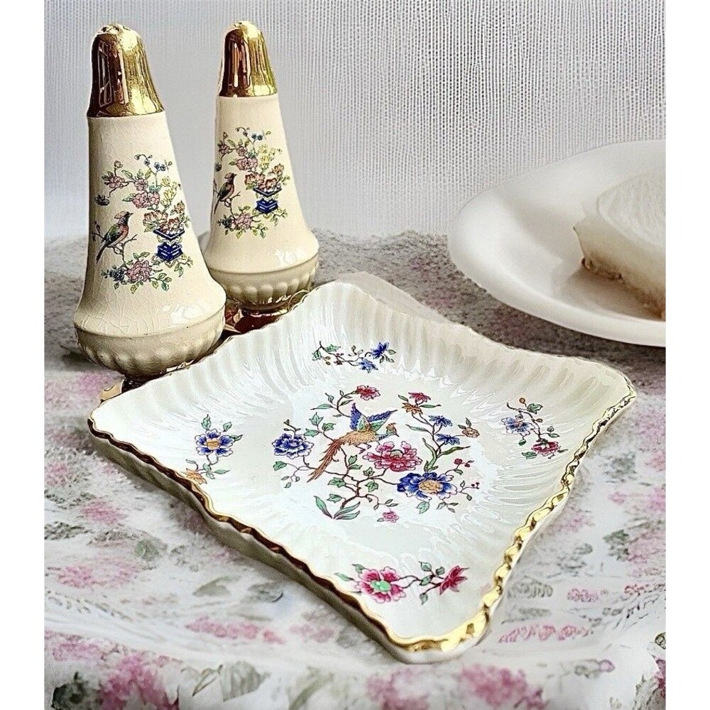 Vintage Hammersley Spode Bird Of Paradise Shakers & Tray Set Chintz Bone China
